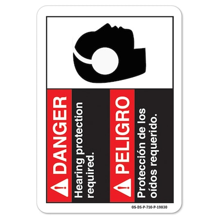 ANSI Danger Sign, Danger Hearing Protection Required, Bilingual Spanish, 14in X 10in Rigid Plastic